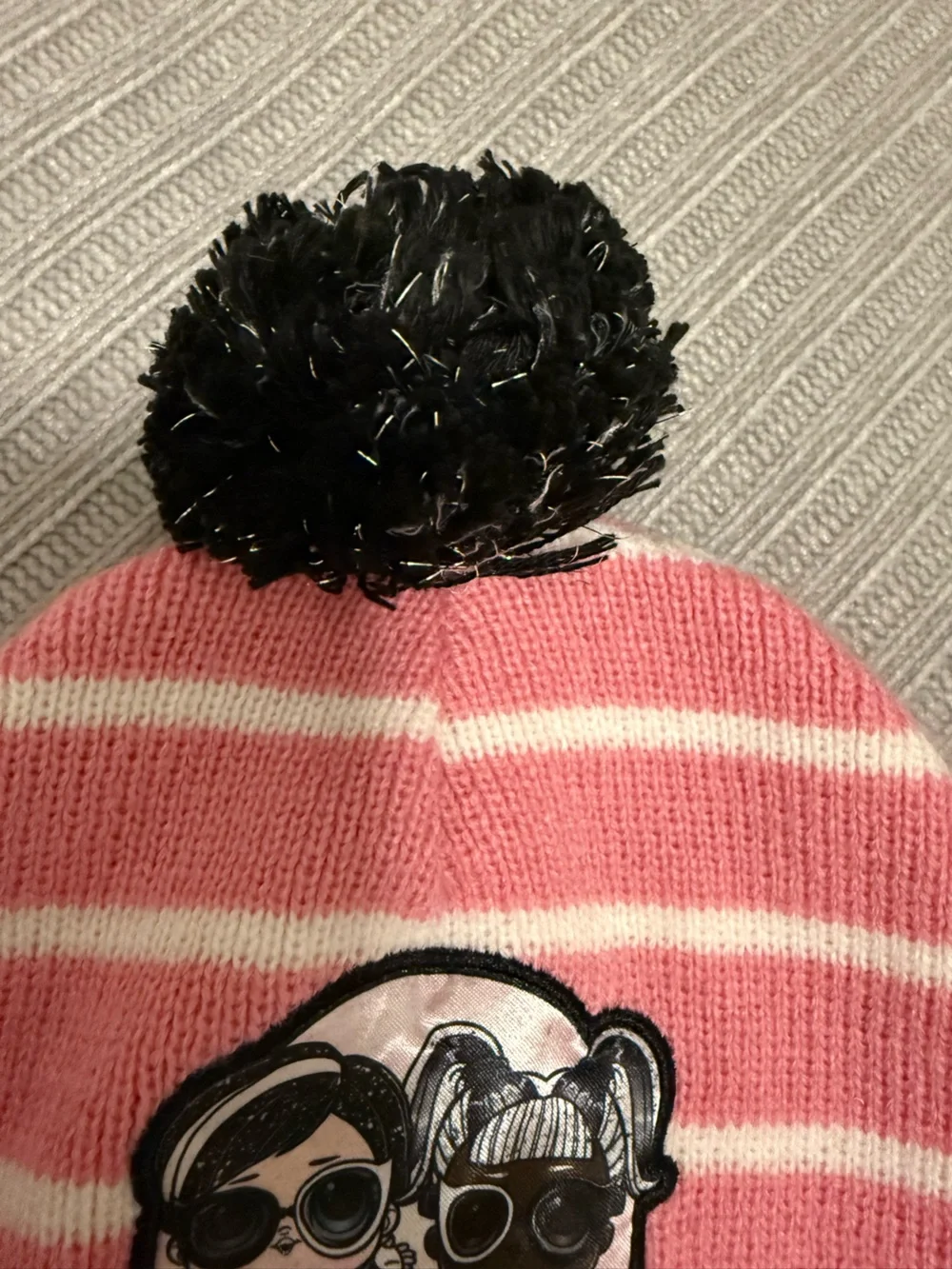 Kids Pink Stripe Beanie with Character Patch